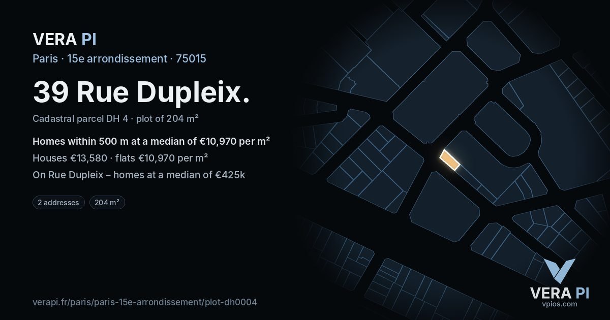 39 Rue Dupleix, 15e arrondissement at night – the plot lit, the parcels around coloured by the prices near them