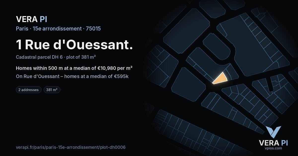 1 Rue d'Ouessant, 15e arrondissement at night – the plot lit, the parcels around coloured by the prices near them