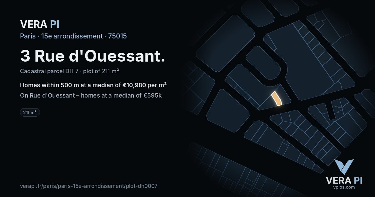3 Rue d'Ouessant, 15e arrondissement at night – the plot lit, the parcels around coloured by the prices near them