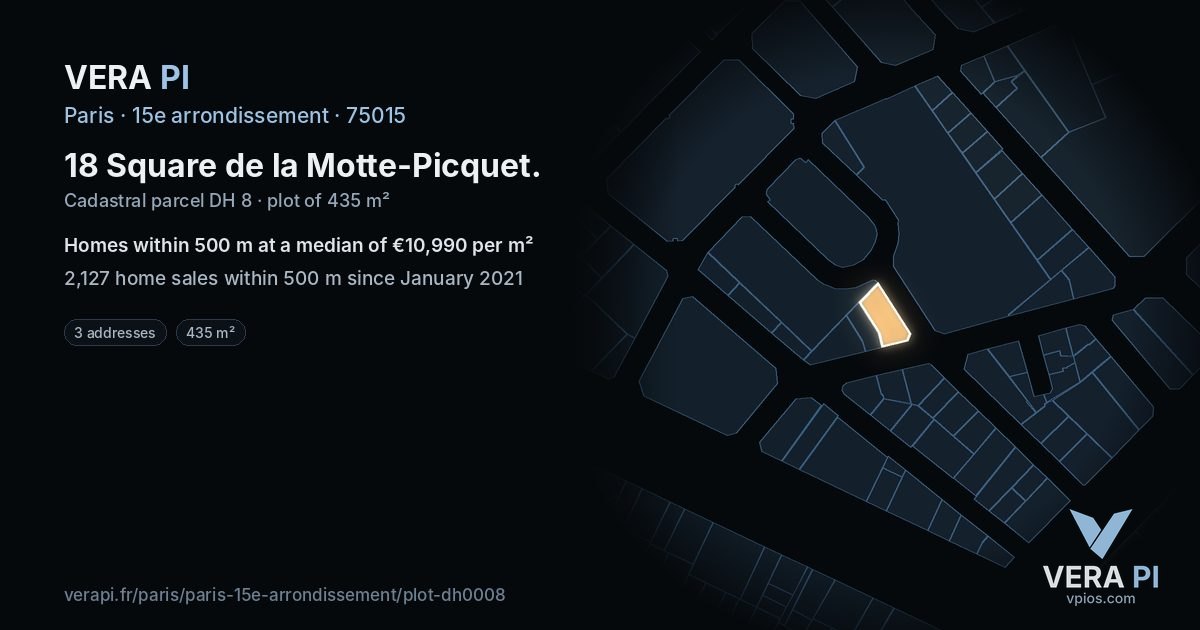 18 Square de la Motte-Picquet, 15e arrondissement at night – the plot lit, the parcels around coloured by the prices near them
