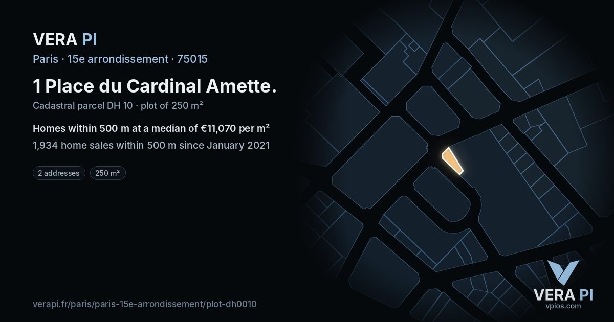 1 Place du Cardinal Amette, 15e arrondissement at night – the plot lit, the parcels around coloured by the prices near them