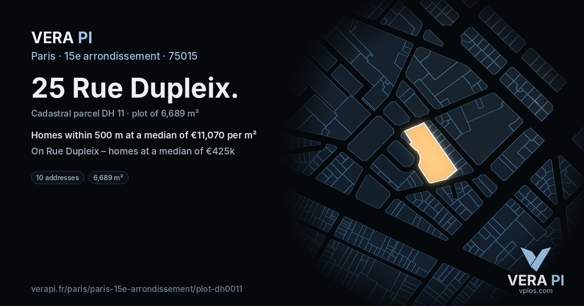 25 Rue Dupleix, 15e arrondissement at night – the plot lit, the parcels around coloured by the prices near them