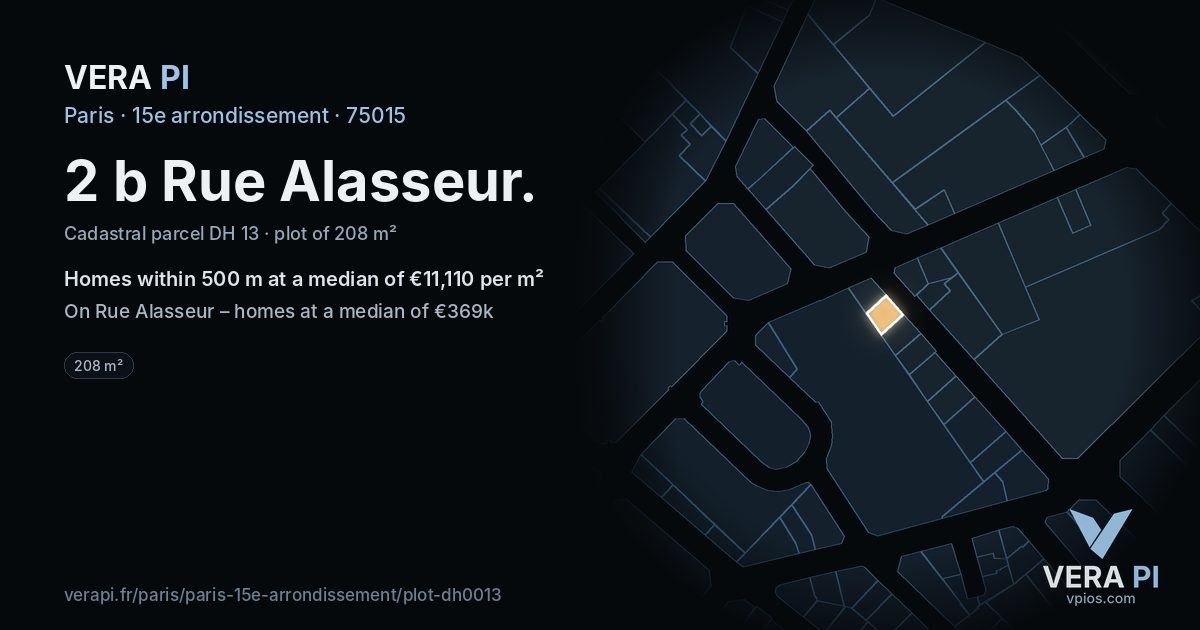 2 b Rue Alasseur, 15e arrondissement at night – the plot lit, the parcels around coloured by the prices near them