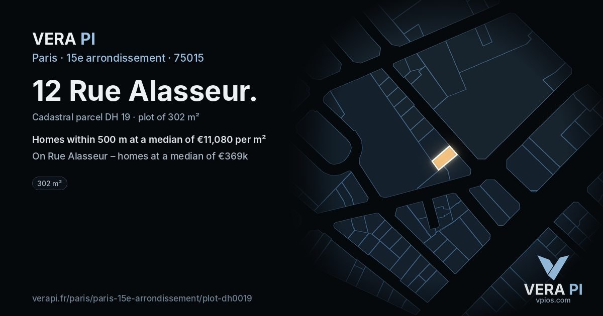 12 Rue Alasseur, 15e arrondissement at night – the plot lit, the parcels around coloured by the prices near them