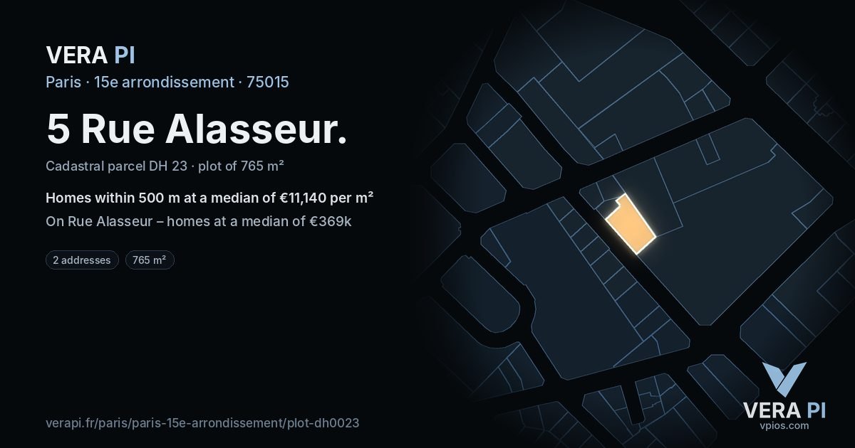5 Rue Alasseur, 15e arrondissement at night – the plot lit, the parcels around coloured by the prices near them
