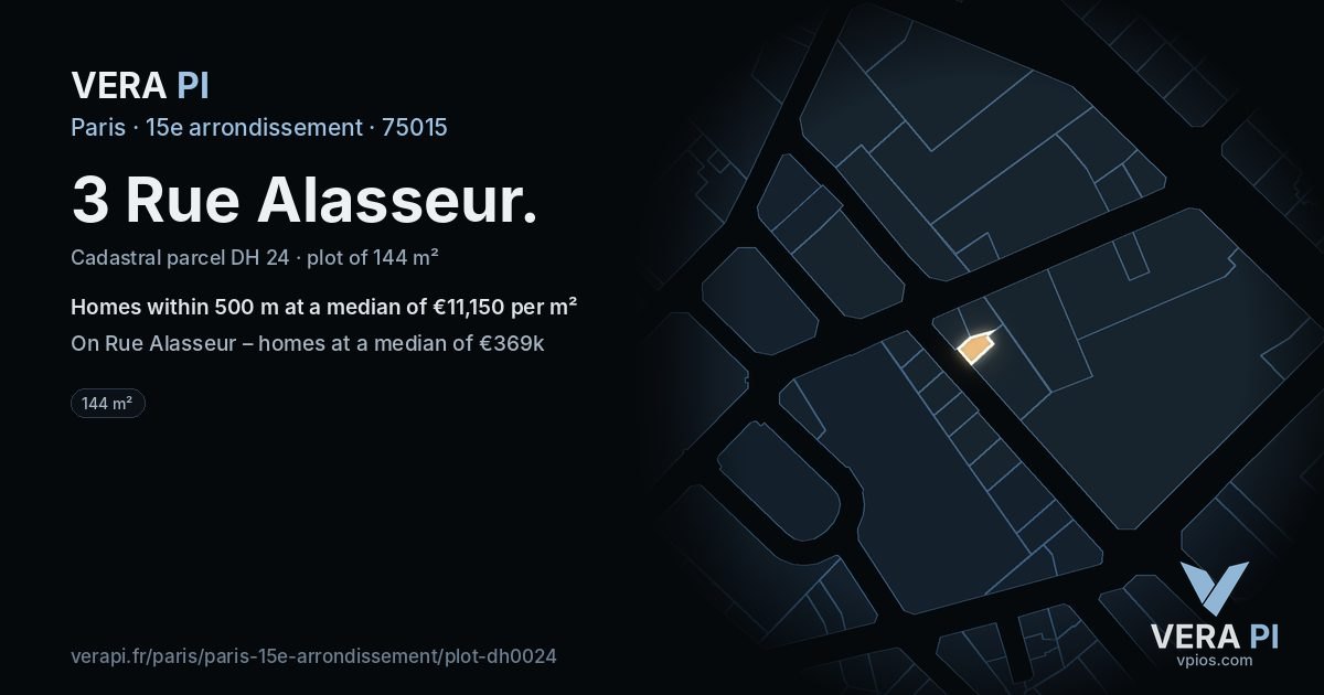 3 Rue Alasseur, 15e arrondissement at night – the plot lit, the parcels around coloured by the prices near them