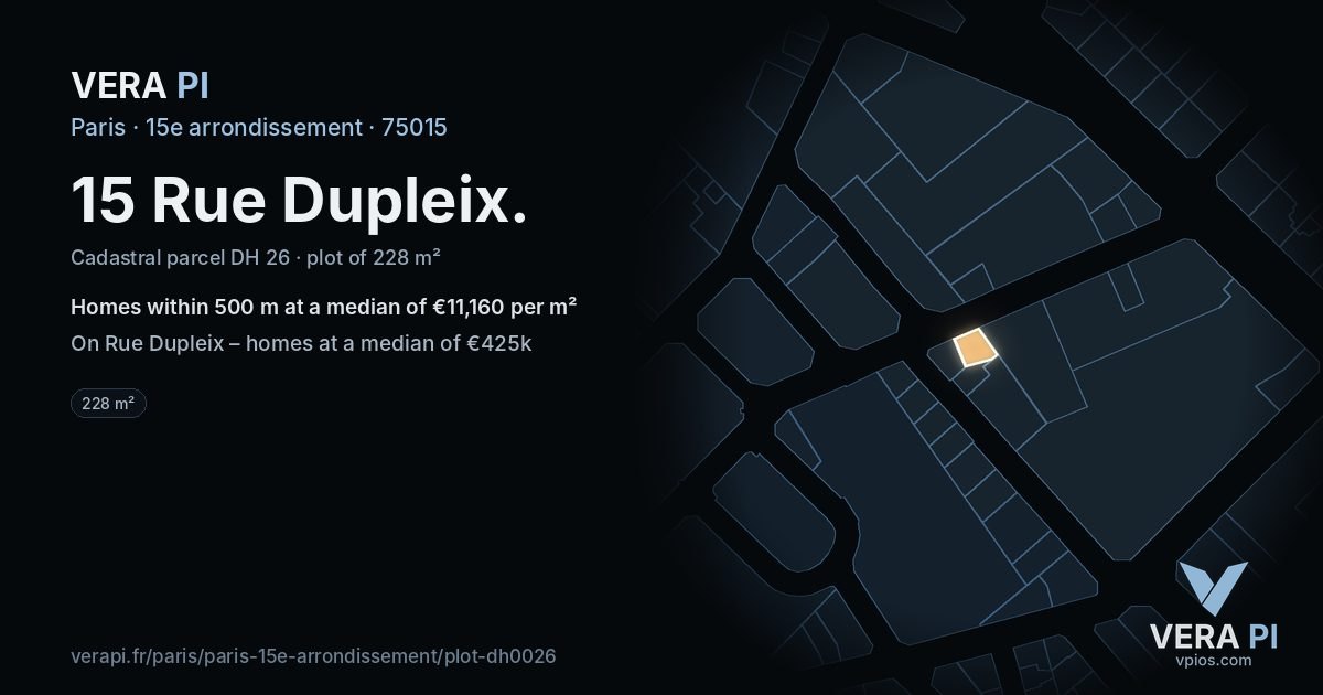 15 Rue Dupleix, 15e arrondissement at night – the plot lit, the parcels around coloured by the prices near them