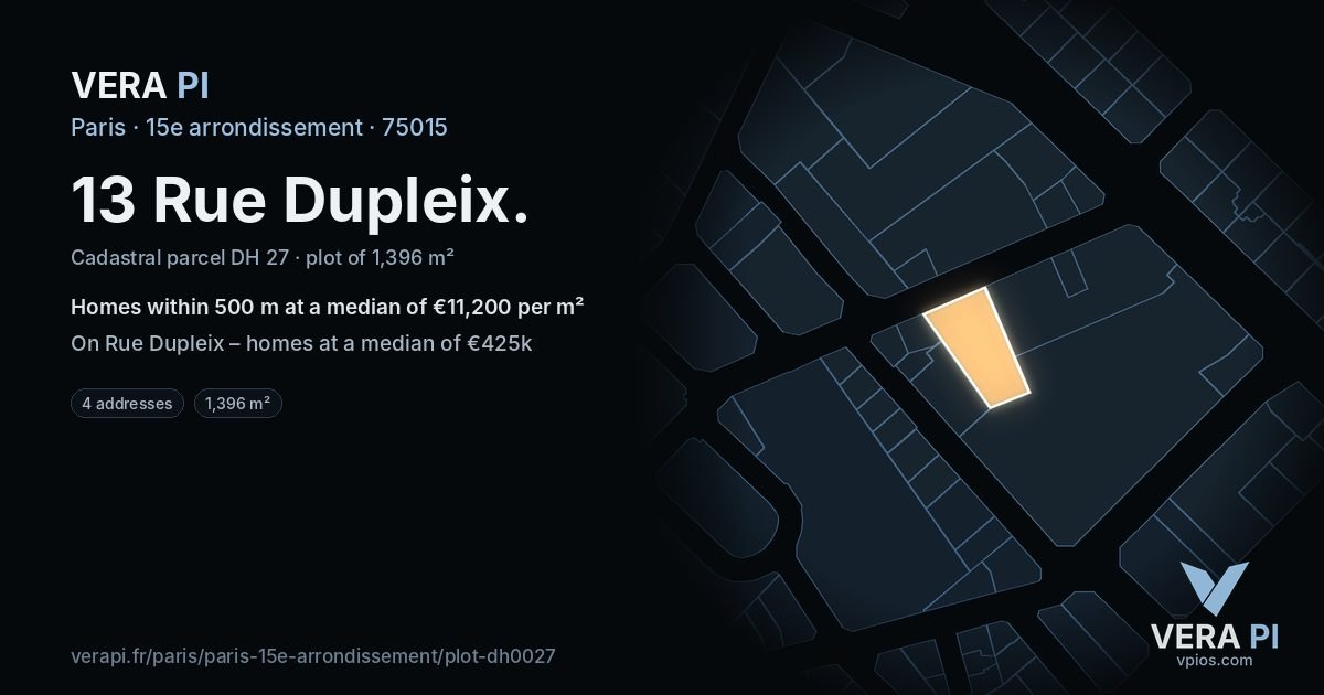 13 Rue Dupleix, 15e arrondissement at night – the plot lit, the parcels around coloured by the prices near them