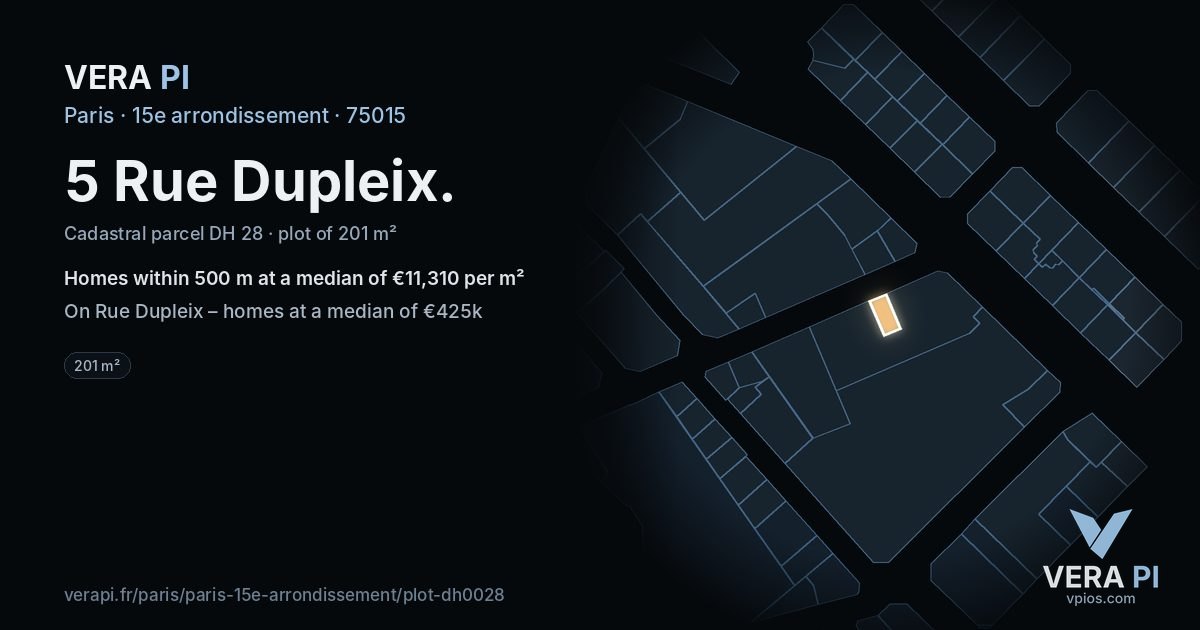 5 Rue Dupleix, 15e arrondissement at night – the plot lit, the parcels around coloured by the prices near them
