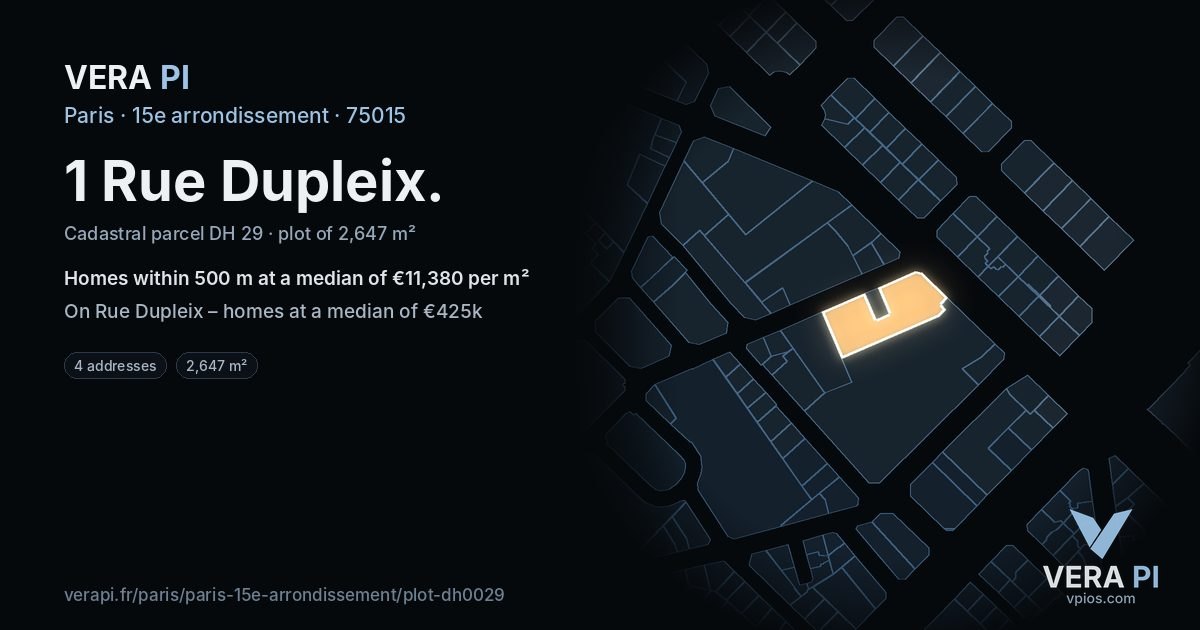 1 Rue Dupleix, 15e arrondissement at night – the plot lit, the parcels around coloured by the prices near them