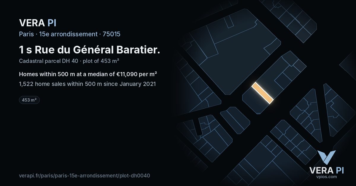 1 s Rue du Général Baratier, 15e arrondissement at night – the plot lit, the parcels around coloured by the prices near them