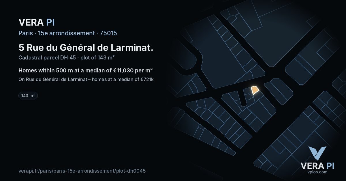 5 Rue du Général de Larminat, 15e arrondissement at night – the plot lit, the parcels around coloured by the prices near them