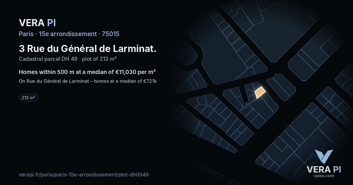 3 Rue du Général de Larminat, 15e arrondissement at night – the plot lit, the parcels around coloured by the prices near them