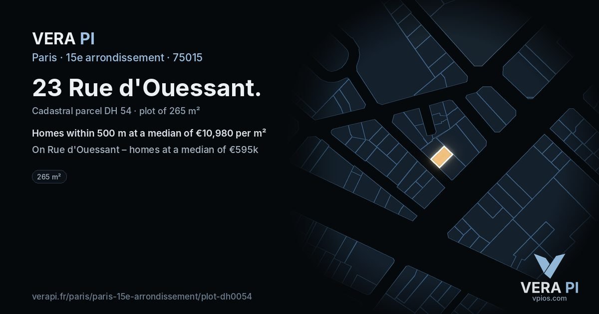 23 Rue d'Ouessant, 15e arrondissement at night – the plot lit, the parcels around coloured by the prices near them