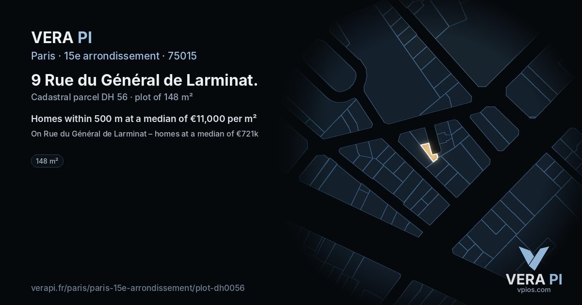 9 Rue du Général de Larminat, 15e arrondissement at night – the plot lit, the parcels around coloured by the prices near them