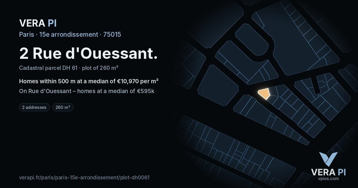 2 Rue d'Ouessant, 15e arrondissement at night – the plot lit, the parcels around coloured by the prices near them