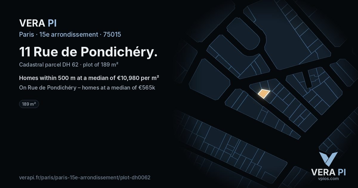 11 Rue de Pondichéry, 15e arrondissement at night – the plot lit, the parcels around coloured by the prices near them