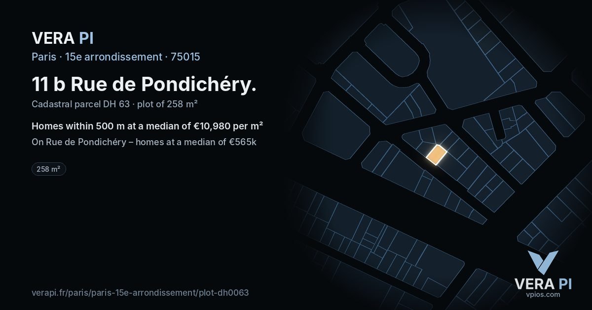 11 b Rue de Pondichéry, 15e arrondissement at night – the plot lit, the parcels around coloured by the prices near them