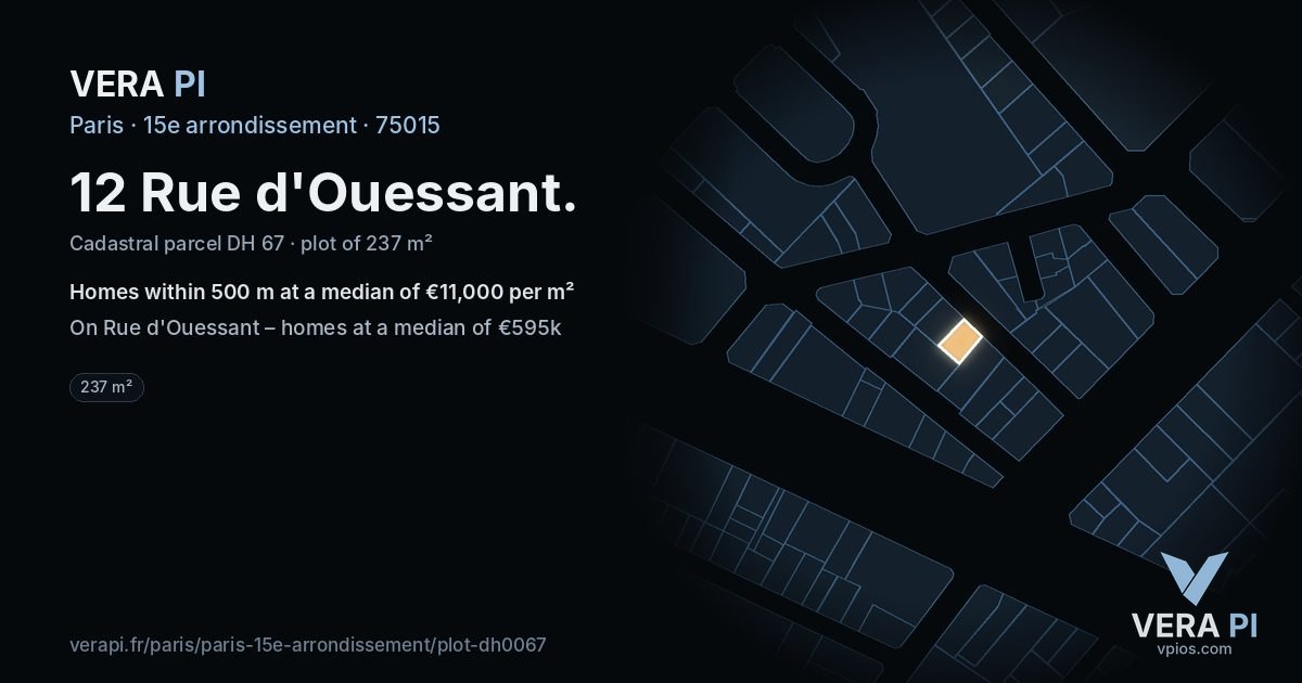 12 Rue d'Ouessant, 15e arrondissement at night – the plot lit, the parcels around coloured by the prices near them