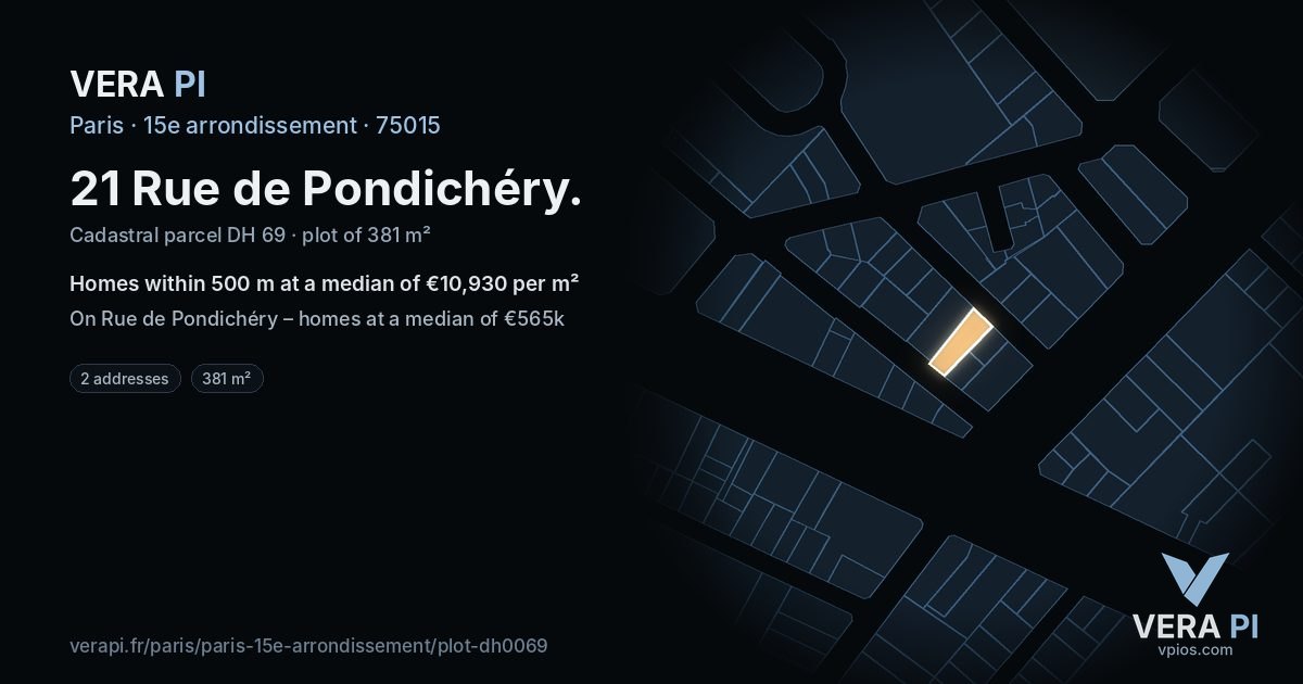 21 Rue de Pondichéry, 15e arrondissement at night – the plot lit, the parcels around coloured by the prices near them