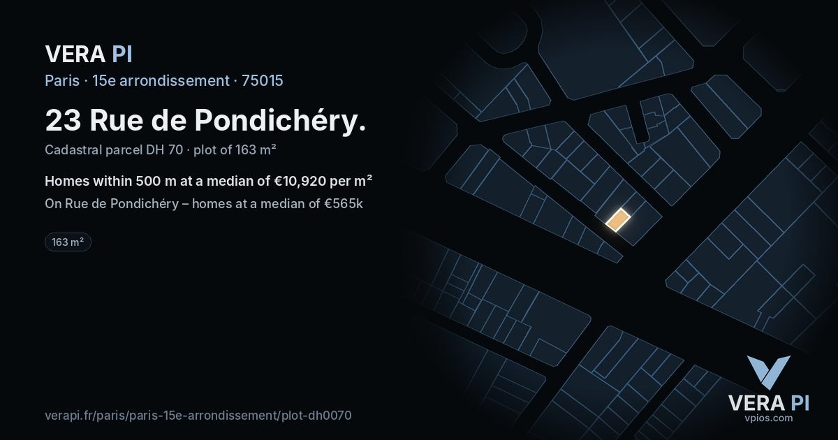 23 Rue de Pondichéry, 15e arrondissement at night – the plot lit, the parcels around coloured by the prices near them