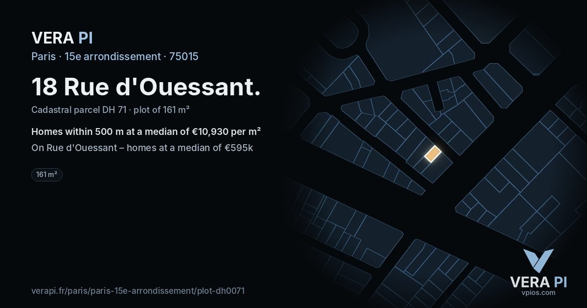18 Rue d'Ouessant, 15e arrondissement at night – the plot lit, the parcels around coloured by the prices near them