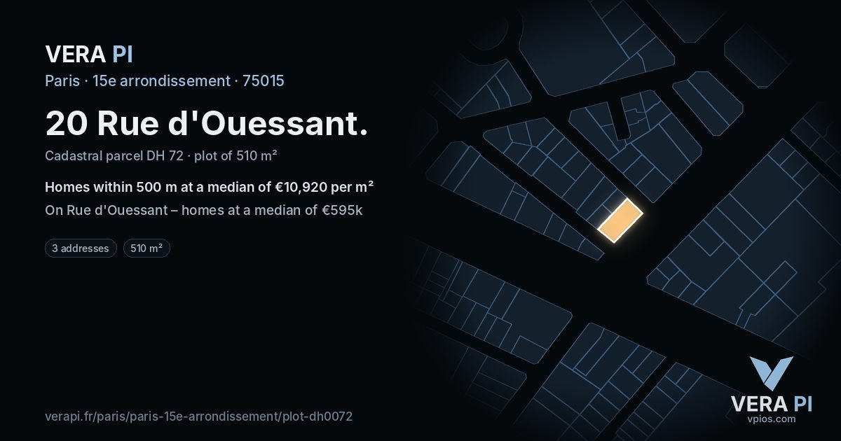 20 Rue d'Ouessant, 15e arrondissement at night – the plot lit, the parcels around coloured by the prices near them