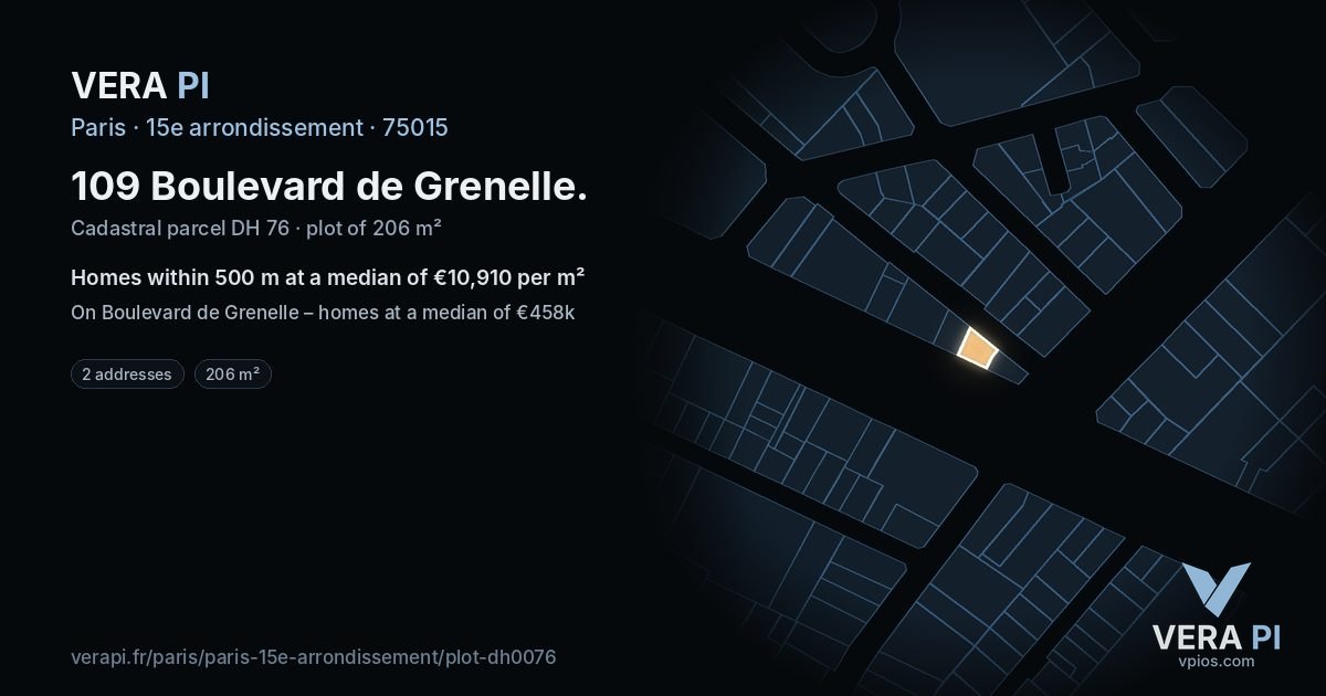 109 Boulevard de Grenelle, 15e arrondissement at night – the plot lit, the parcels around coloured by the prices near them
