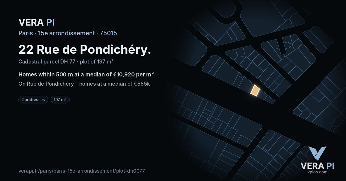 22 Rue de Pondichéry, 15e arrondissement at night – the plot lit, the parcels around coloured by the prices near them
