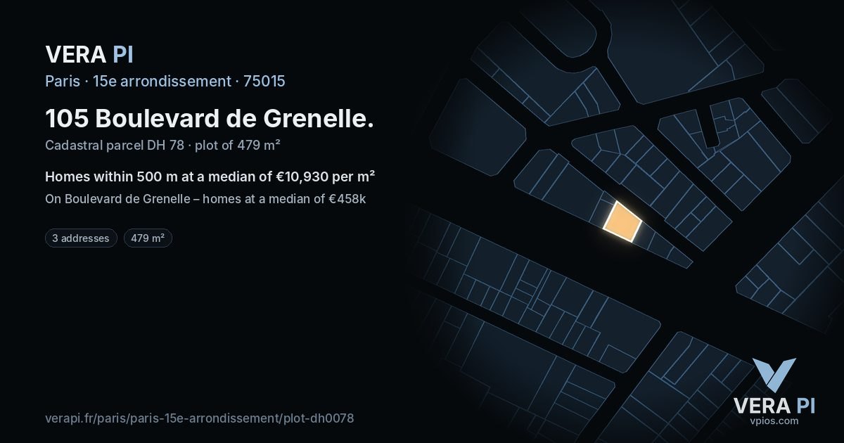 105 Boulevard de Grenelle, 15e arrondissement at night – the plot lit, the parcels around coloured by the prices near them