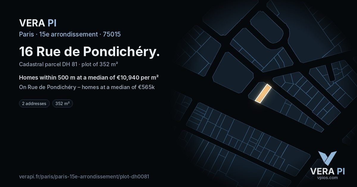 16 Rue de Pondichéry, 15e arrondissement at night – the plot lit, the parcels around coloured by the prices near them