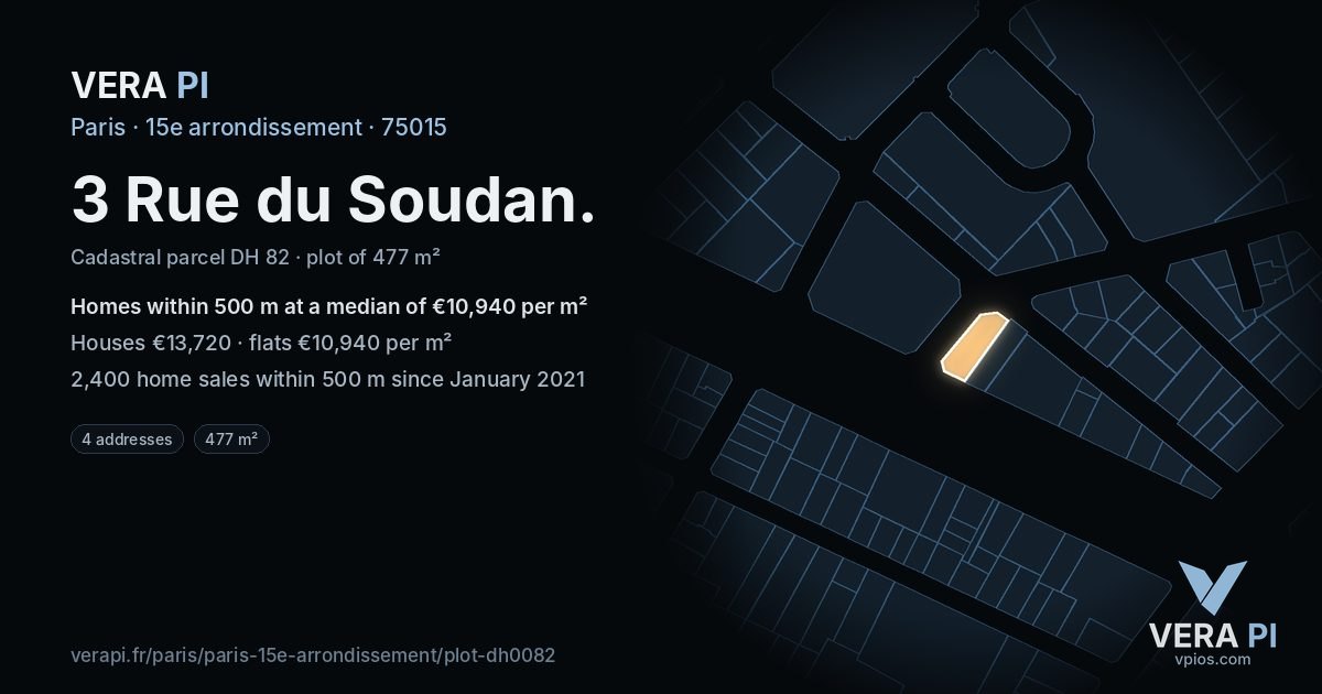 3 Rue du Soudan, 15e arrondissement at night – the plot lit, the parcels around coloured by the prices near them