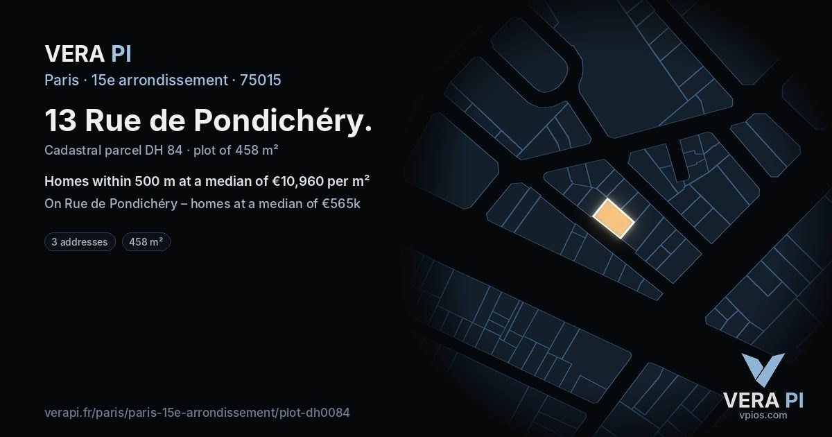 13 Rue de Pondichéry, 15e arrondissement at night – the plot lit, the parcels around coloured by the prices near them
