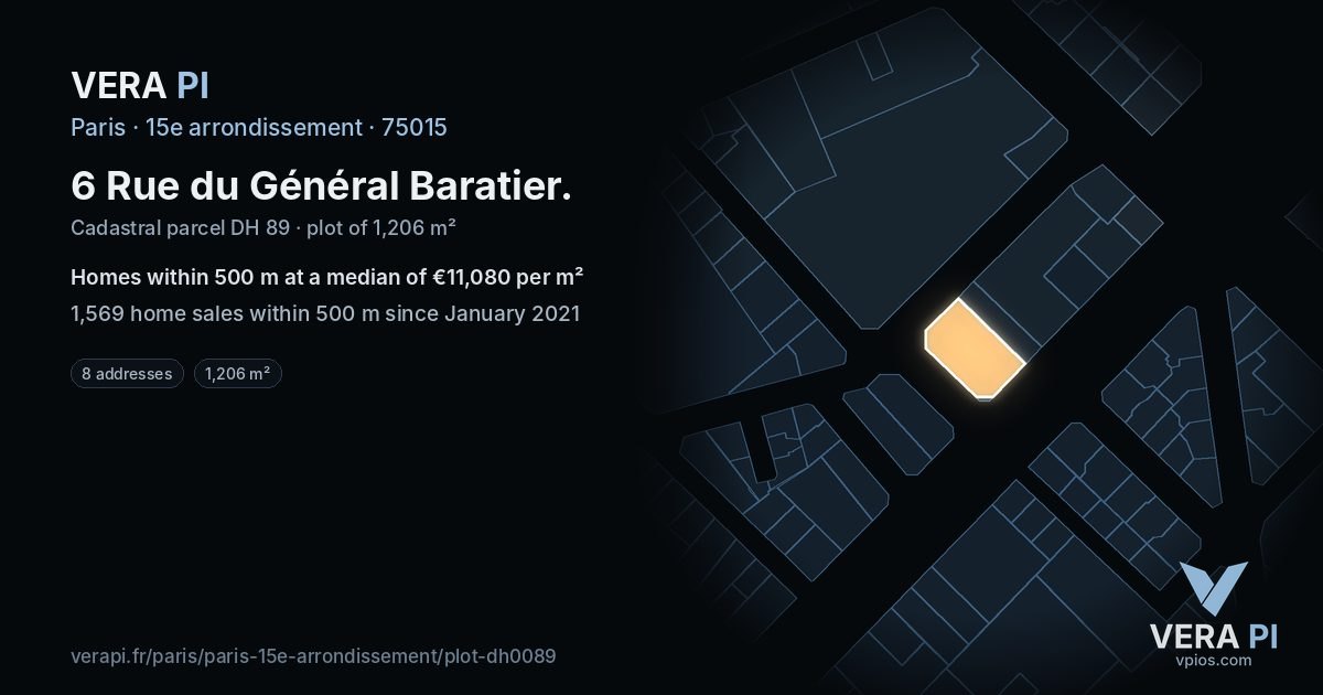 6 Rue du Général Baratier, 15e arrondissement at night – the plot lit, the parcels around coloured by the prices near them
