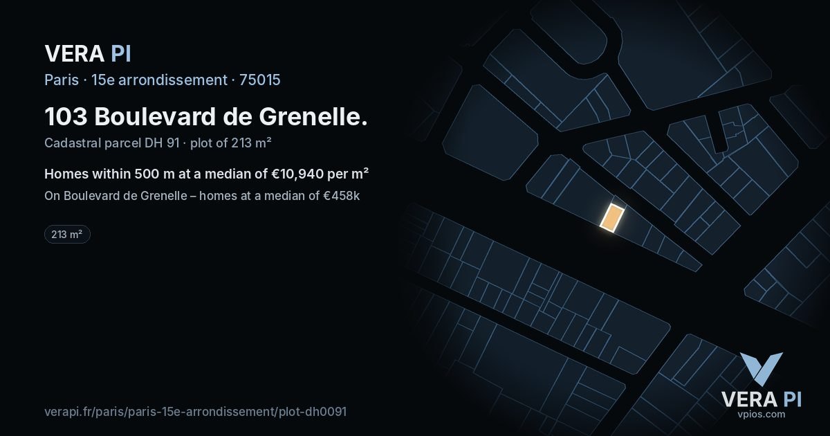 103 Boulevard de Grenelle, 15e arrondissement at night – the plot lit, the parcels around coloured by the prices near them