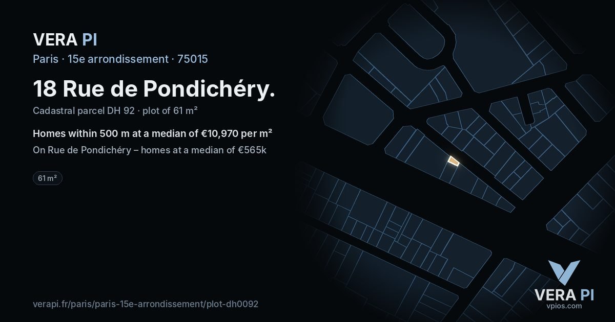 18 Rue de Pondichéry, 15e arrondissement at night – the plot lit, the parcels around coloured by the prices near them