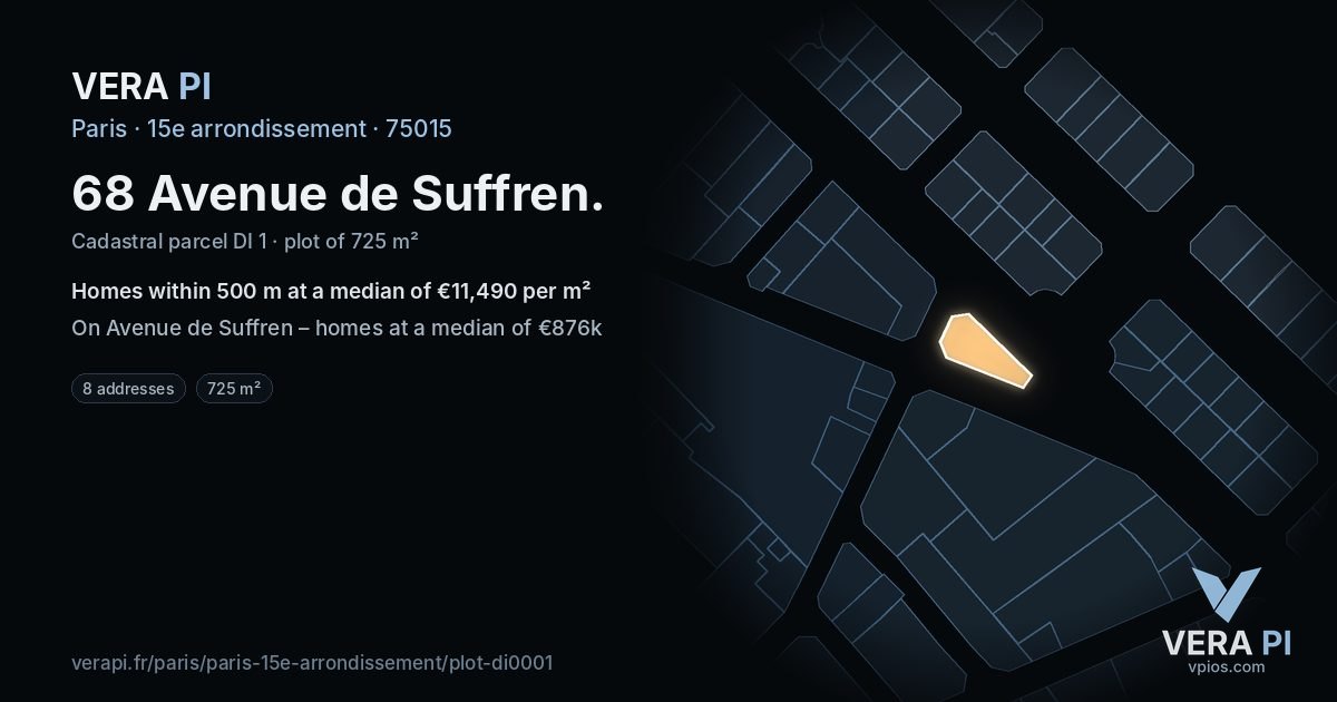 68 Avenue de Suffren, 15e arrondissement at night – the plot lit, the parcels around coloured by the prices near them