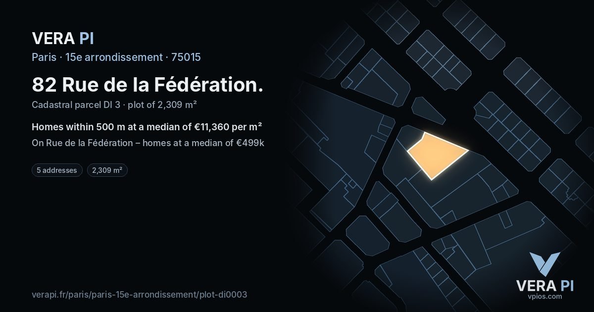 82 Rue de la Fédération, 15e arrondissement at night – the plot lit, the parcels around coloured by the prices near them