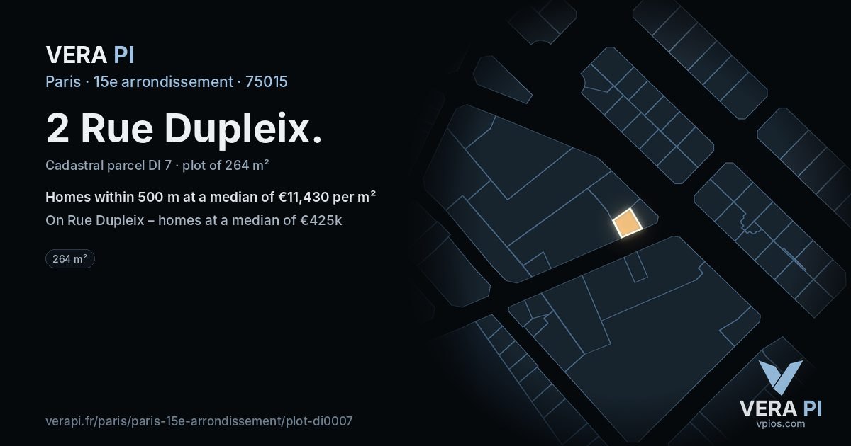 2 Rue Dupleix, 15e arrondissement at night – the plot lit, the parcels around coloured by the prices near them