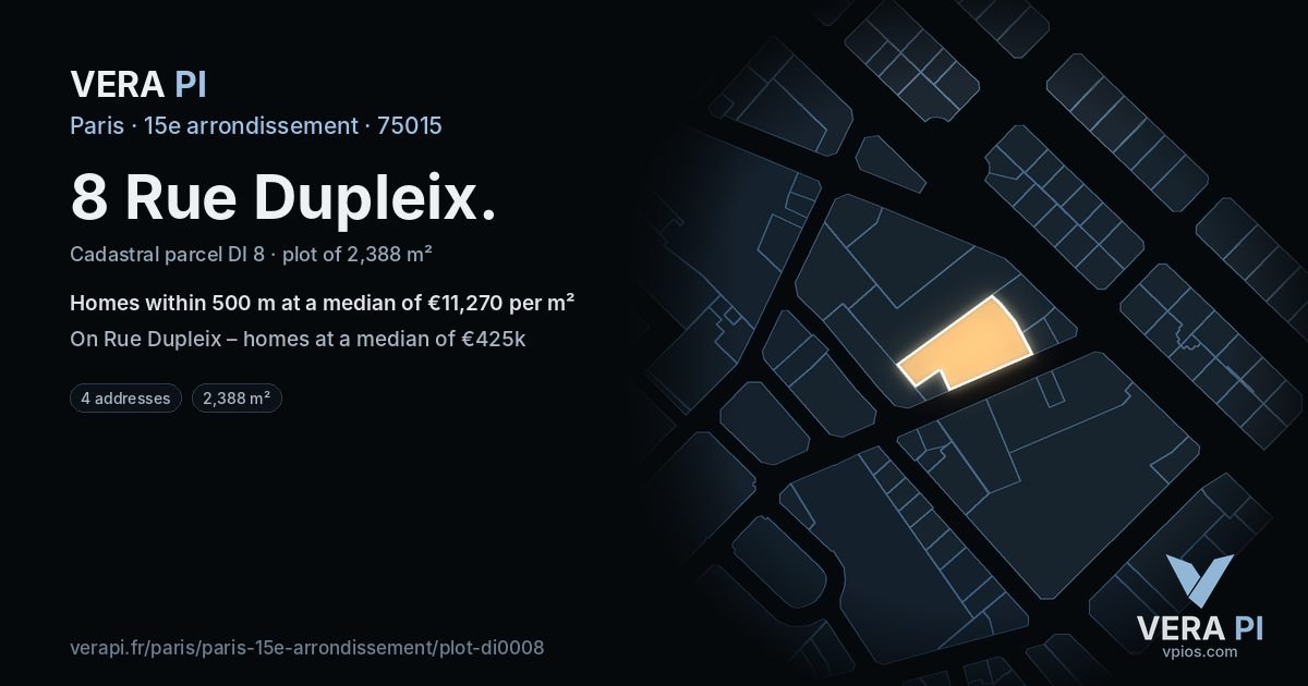 8 Rue Dupleix, 15e arrondissement at night – the plot lit, the parcels around coloured by the prices near them