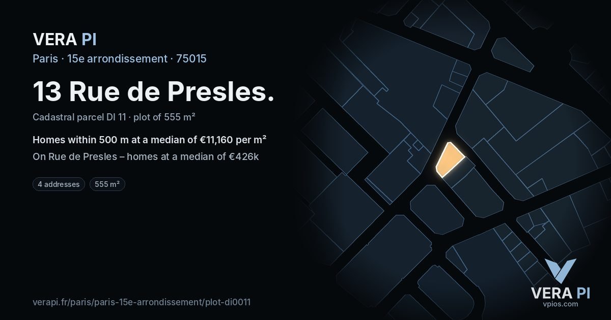 13 Rue de Presles, 15e arrondissement at night – the plot lit, the parcels around coloured by the prices near them