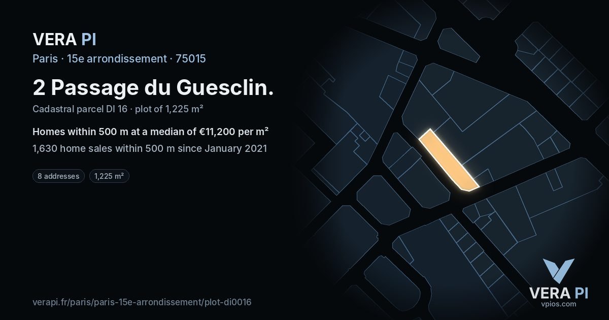 2 Passage du Guesclin, 15e arrondissement at night – the plot lit, the parcels around coloured by the prices near them