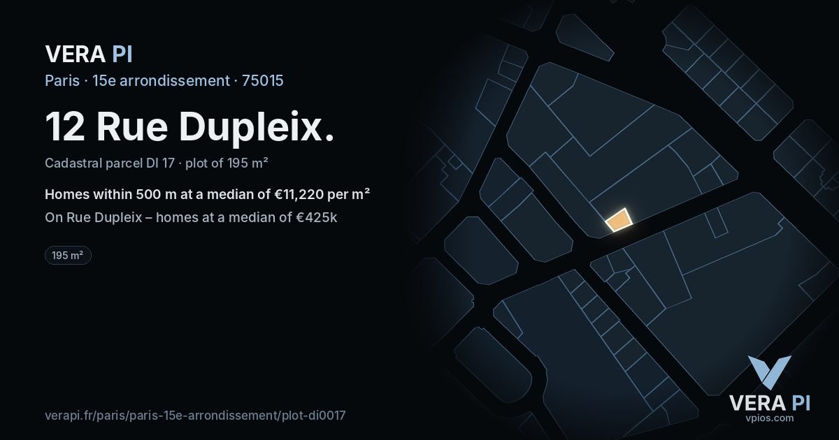 12 Rue Dupleix, 15e arrondissement at night – the plot lit, the parcels around coloured by the prices near them