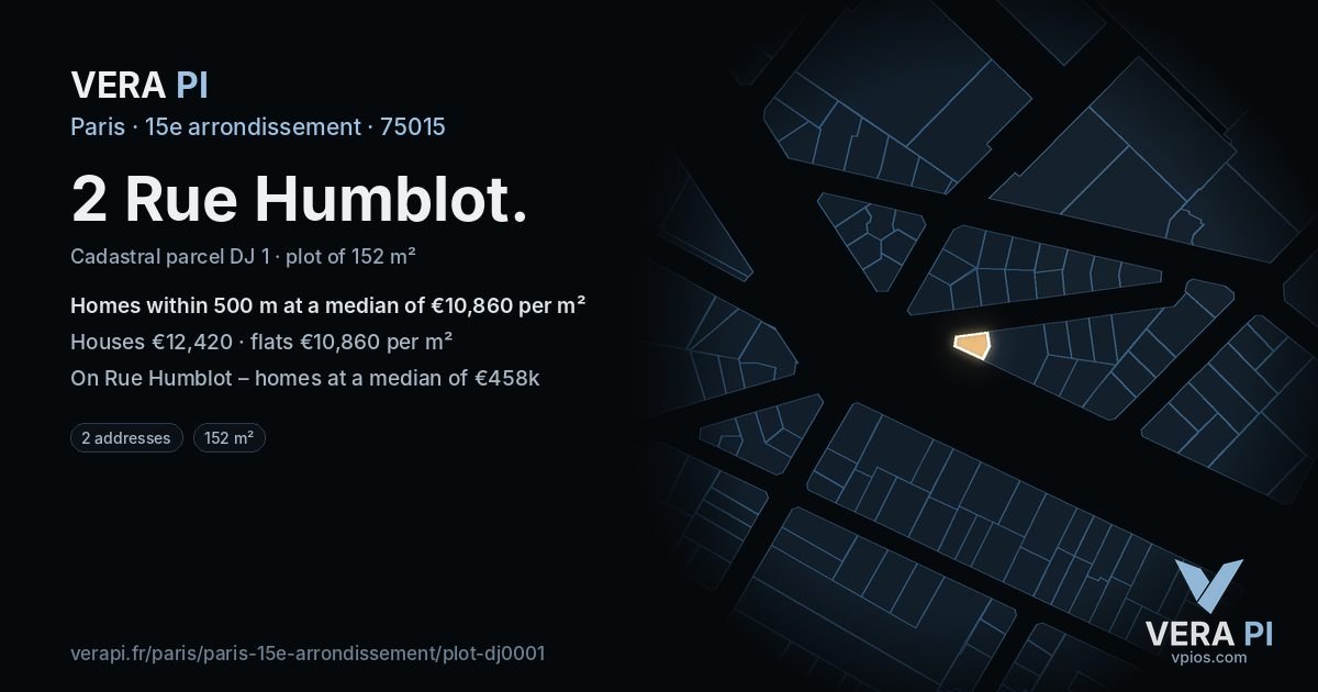 2 Rue Humblot, 15e arrondissement at night – the plot lit, the parcels around coloured by the prices near them