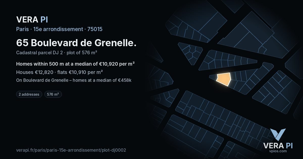 65 Boulevard de Grenelle, 15e arrondissement at night – the plot lit, the parcels around coloured by the prices near them