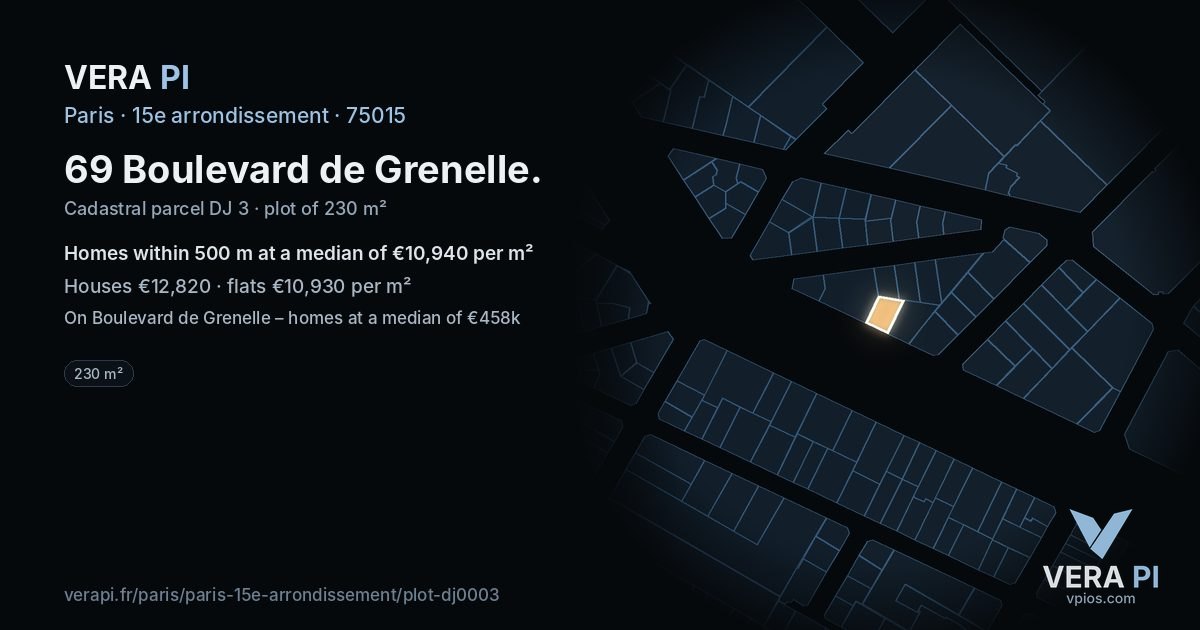 69 Boulevard de Grenelle, 15e arrondissement at night – the plot lit, the parcels around coloured by the prices near them