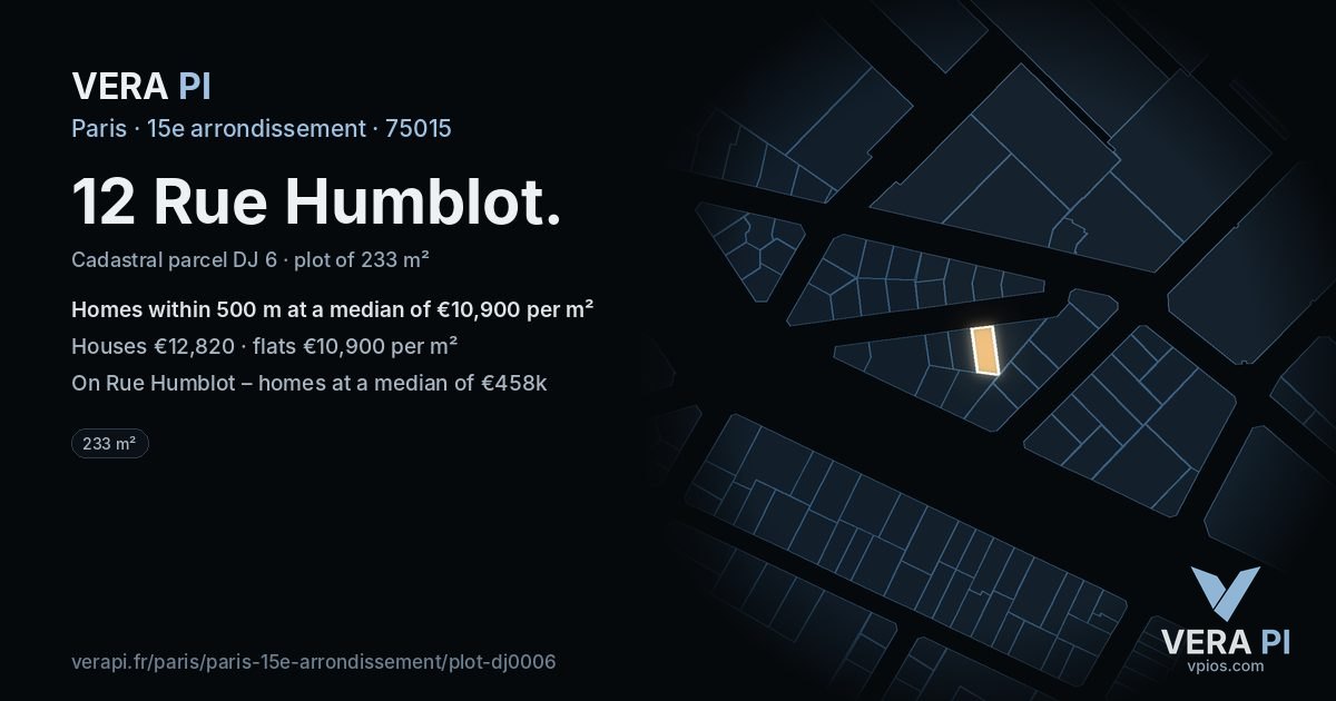 12 Rue Humblot, 15e arrondissement at night – the plot lit, the parcels around coloured by the prices near them