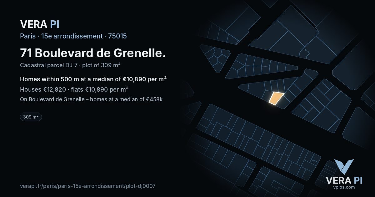 71 Boulevard de Grenelle, 15e arrondissement at night – the plot lit, the parcels around coloured by the prices near them