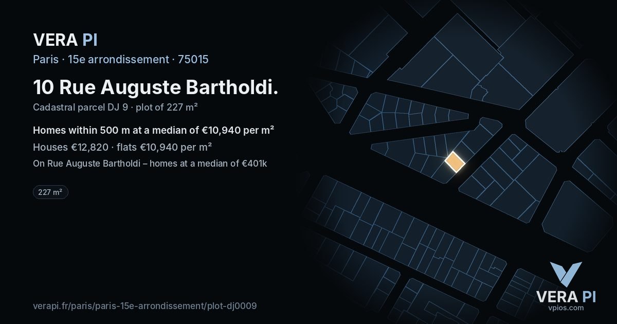 10 Rue Auguste Bartholdi, 15e arrondissement at night – the plot lit, the parcels around coloured by the prices near them