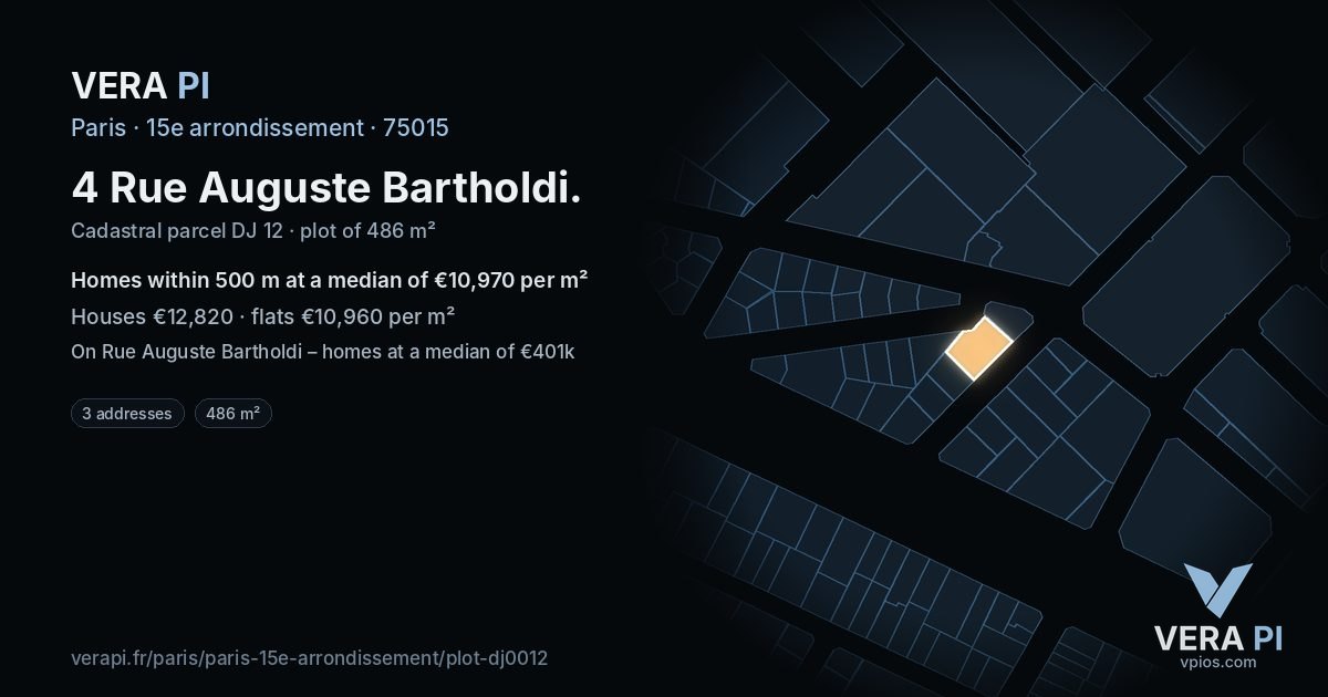 4 Rue Auguste Bartholdi, 15e arrondissement at night – the plot lit, the parcels around coloured by the prices near them